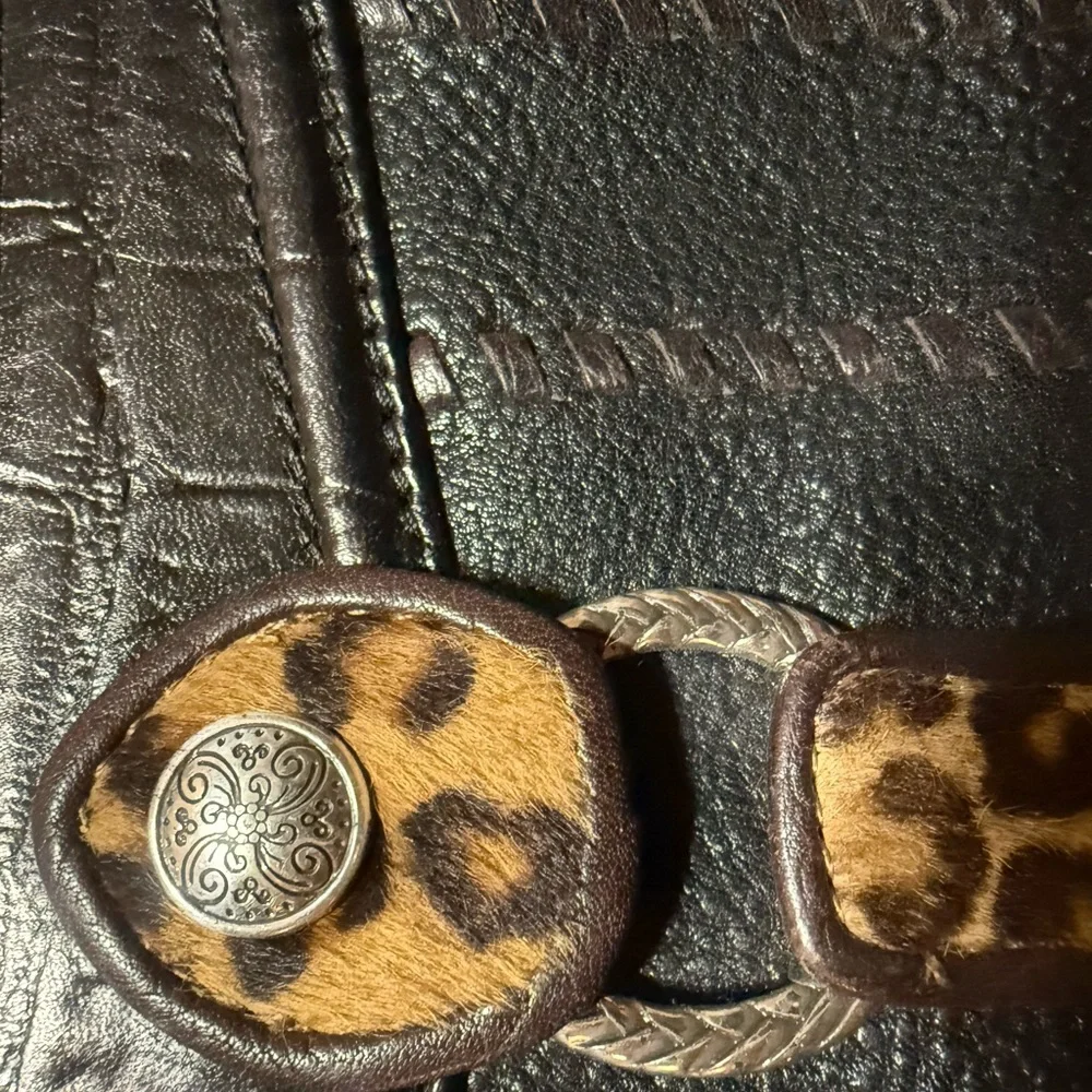 Brighton Black Leather & Leopard Haircalf Zip Card Holder